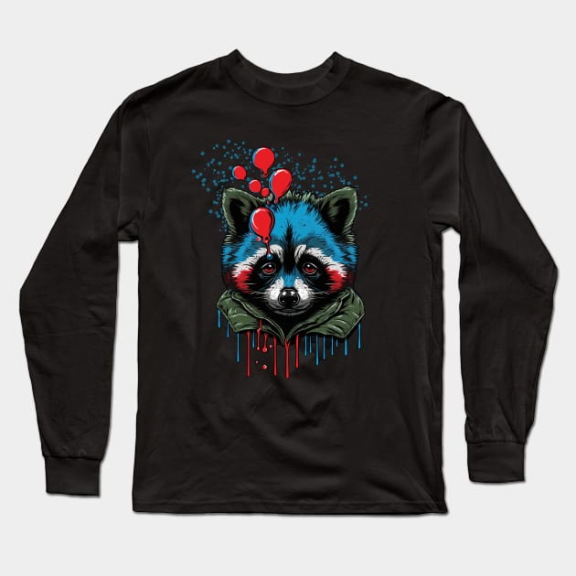 Cute Raccoon with Colorful Painted Face and Balloons Long Sleeve T-Shirt by RailoImage